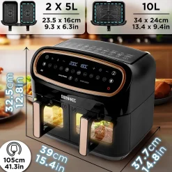 AF34 BG Friteuse à air 2400W Airfryer 3 tiroirs de 5 et 10 litres Sync Cook Sync Finish 10 modes de cuisson Sans huile Duronic