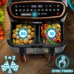 AF34 BG Friteuse à air 2400W Airfryer 3 tiroirs de 5 et 10 litres Sync Cook Sync Finish 10 modes de cuisson Sans huile Duronic