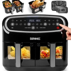 AF34 BK Friteuse à air 2400W Airfryer 3 tiroirs de 5 et 10 litres Sync Cook Sync Finish 10 modes de cuisson Sans huile Duronic