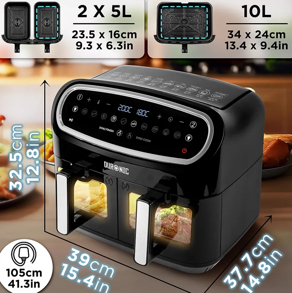 AF34 BK Friteuse à air 2400W Airfryer 3 tiroirs de 5 et 10 litres Sync Cook Sync Finish 10 modes de cuisson Sans huile Duronic
