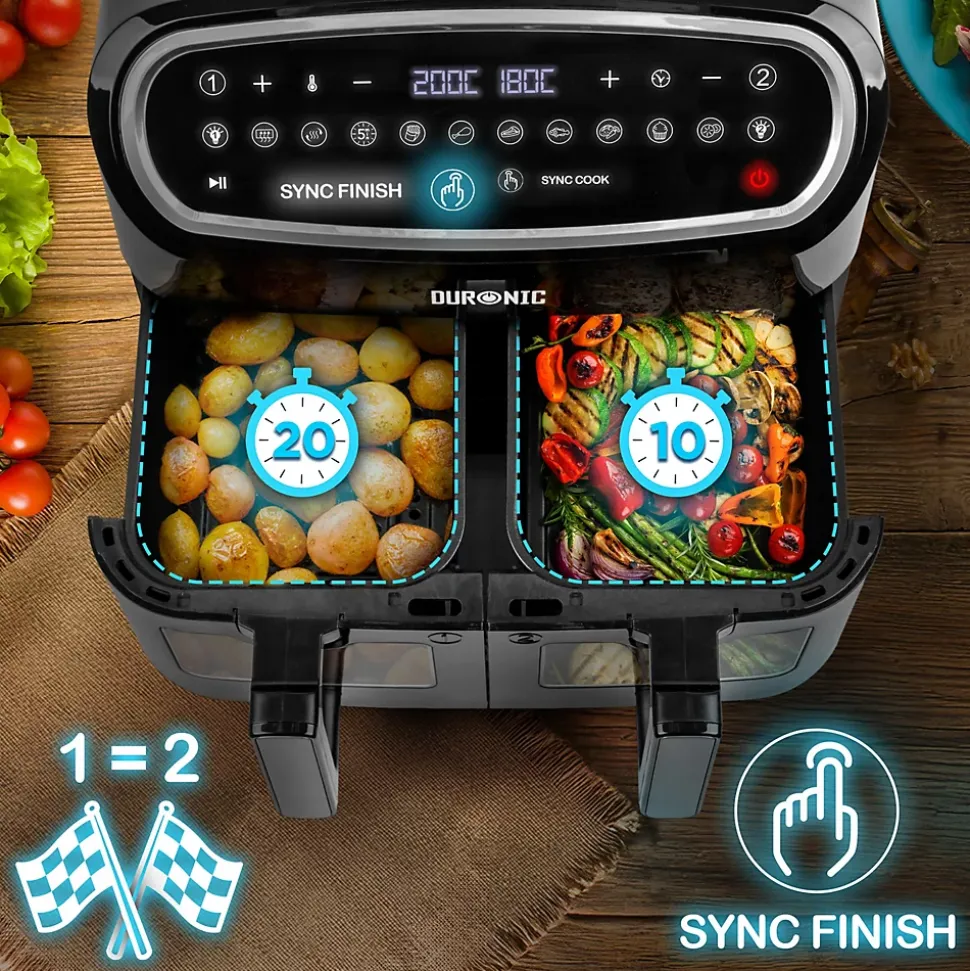 AF34 BK Friteuse à air 2400W Airfryer 3 tiroirs de 5 et 10 litres Sync Cook Sync Finish 10 modes de cuisson Sans huile Duronic