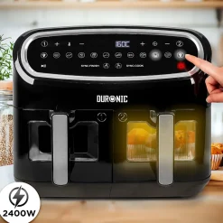 AF34 BK Friteuse à air 2400W Airfryer 3 tiroirs de 5 et 10 litres Sync Cook Sync Finish 10 modes de cuisson Sans huile Duronic