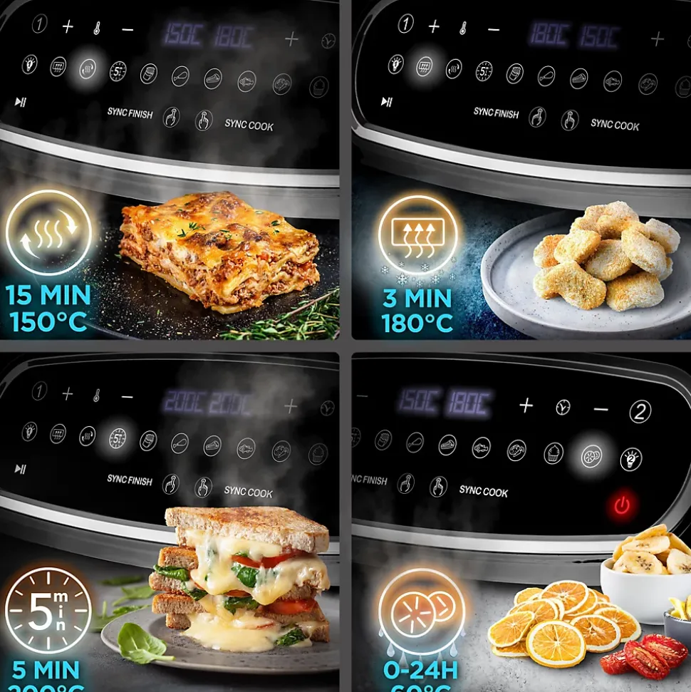 AF34 BK Friteuse à air 2400W Airfryer 3 tiroirs de 5 et 10 litres Sync Cook Sync Finish 10 modes de cuisson Sans huile Duronic