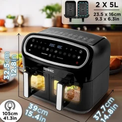 AF24 Friteuse à air 2400W Air fryer 2 tiroirs de 5 litres Sync Cook Sync Finish 10 modes de cuisson Sans huile Duronic