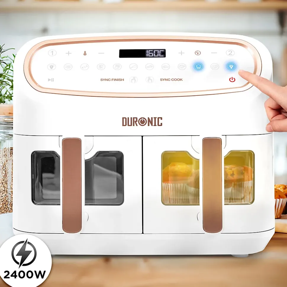 AF34 WE Friteuse à air 2400W Airfryer 3 tiroirs de 5 et 10 litres Sync Cook Sync Finish 10 modes de cuisson Sans huile Duronic