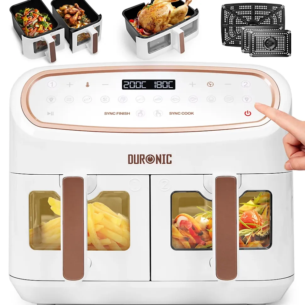 AF34 WE Friteuse à air 2400W Airfryer 3 tiroirs de 5 et 10 litres Sync Cook Sync Finish 10 modes de cuisson Sans huile Duronic
