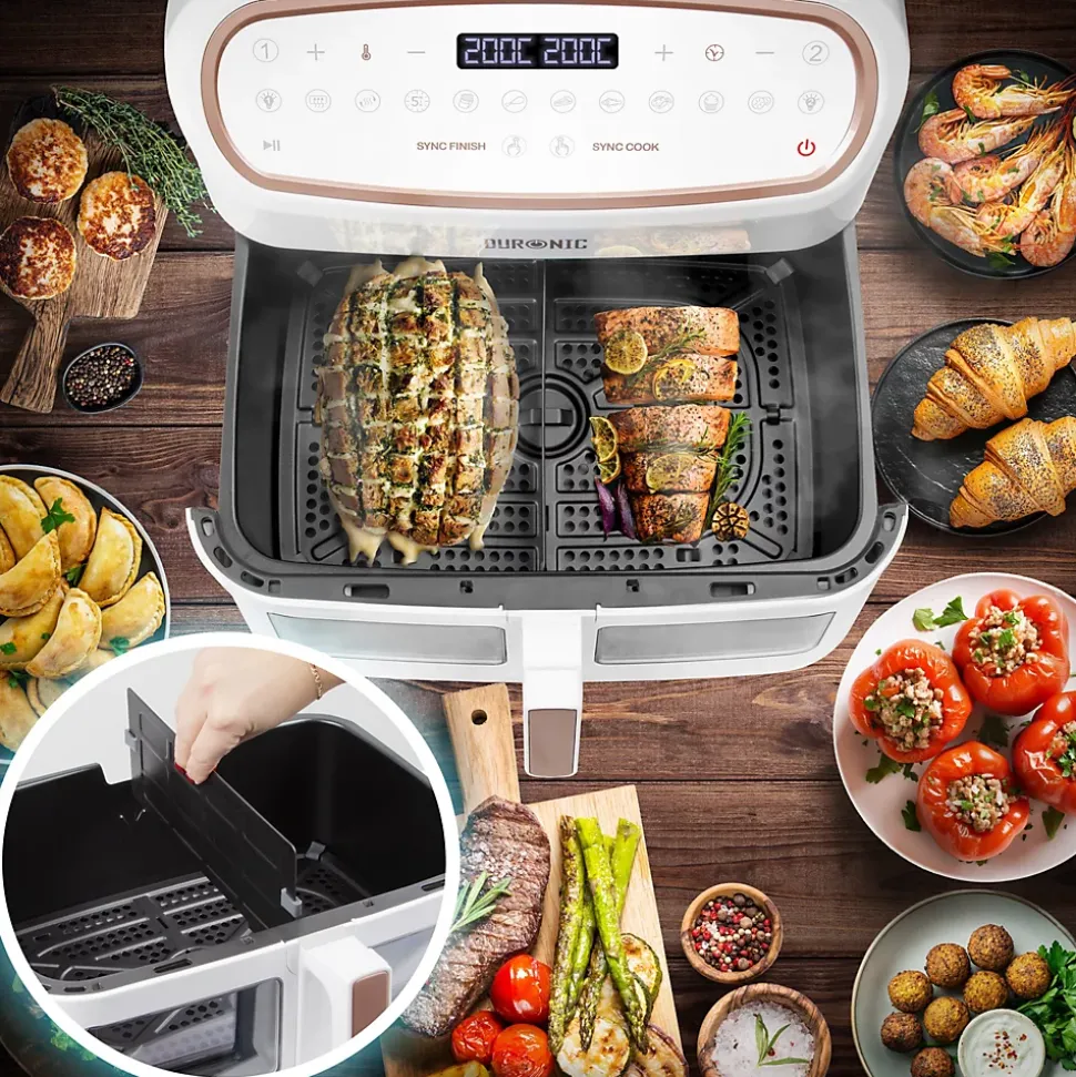 AF34 WE Friteuse à air 2400W Airfryer 3 tiroirs de 5 et 10 litres Sync Cook Sync Finish 10 modes de cuisson Sans huile Duronic
