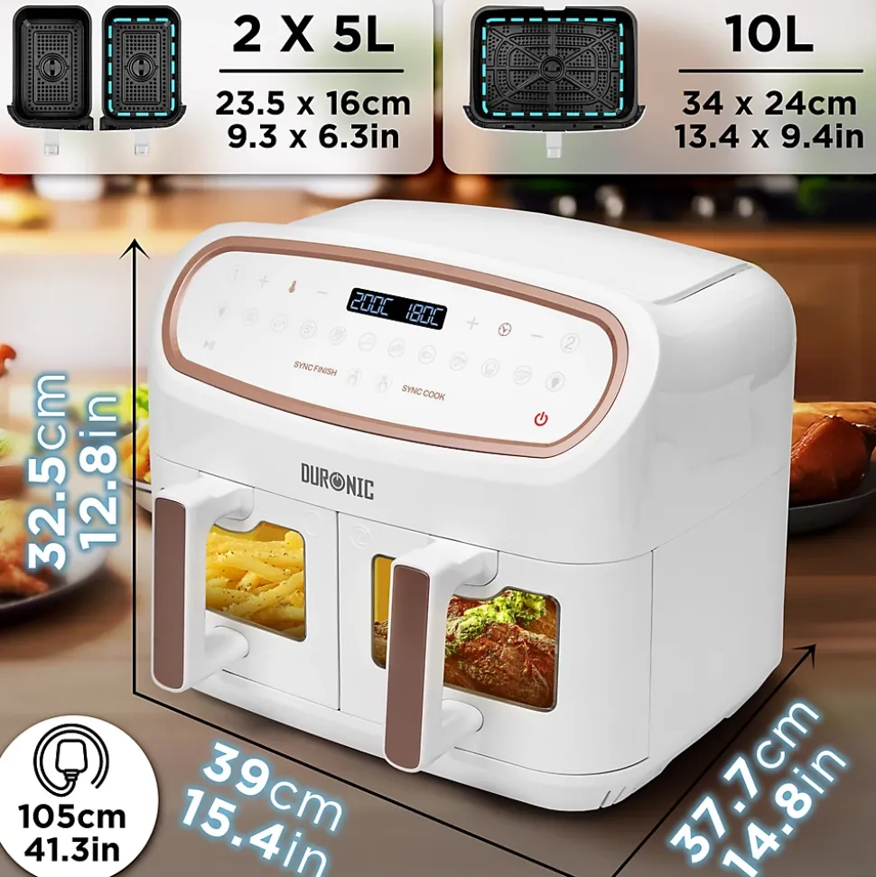 AF34 WE Friteuse à air 2400W Airfryer 3 tiroirs de 5 et 10 litres Sync Cook Sync Finish 10 modes de cuisson Sans huile Duronic