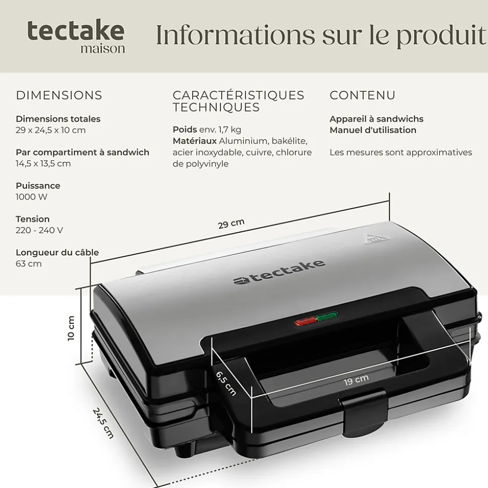 Appareil à sandwichs antiadhésif et résistant à la chaleur 1000W