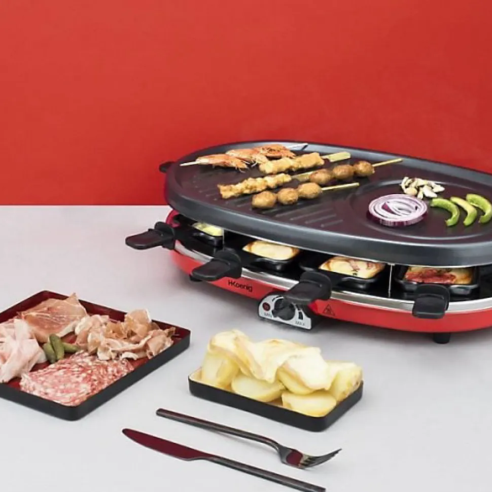 Appareil a Raclette 4 en 1 HKoeNIG - RP418 - Juqu'a 8 personnes - 3 plaques interchangeables - Température réglable - 1500W