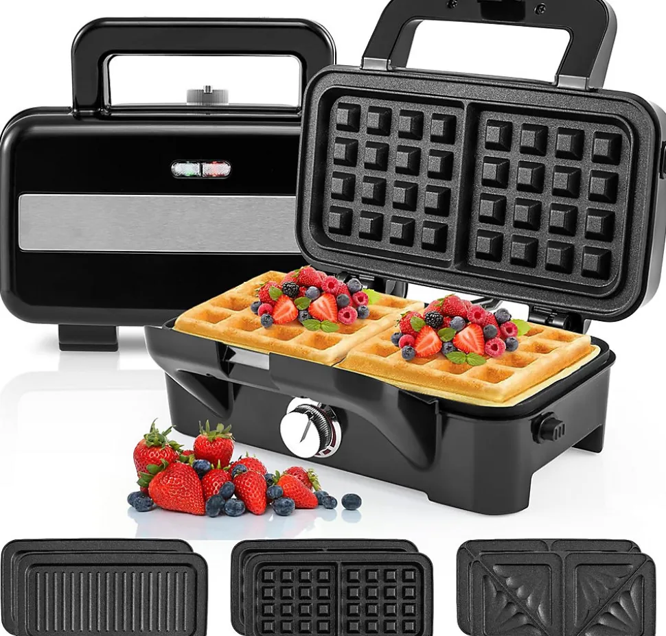 Appareil Croque Monsieur 3 en 1 pour Gaufres, Croques et Sandwichs, Température Réglable 5 Niveaux Protection Surchauffe