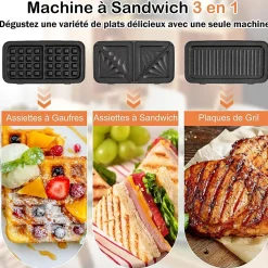 Appareil Croque Monsieur 3 en 1 pour Gaufres, Croques et Sandwichs, Température Réglable 5 Niveaux Protection Surchauffe