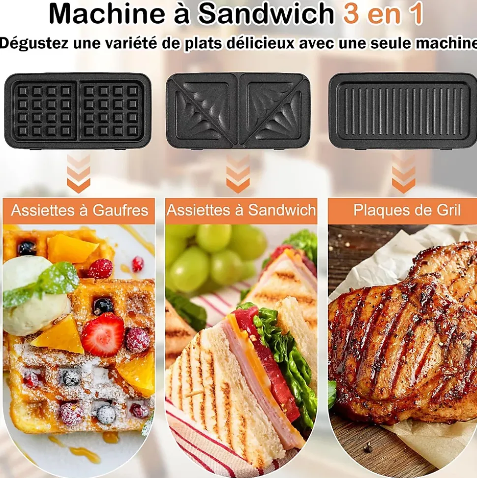 Appareil Croque Monsieur 3 en 1 pour Gaufres, Croques et Sandwichs, Température Réglable 5 Niveaux Protection Surchauffe