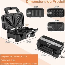 Appareil Croque Monsieur 3 en 1 pour Gaufres, Croques et Sandwichs, Température Réglable 5 Niveaux Protection Surchauffe