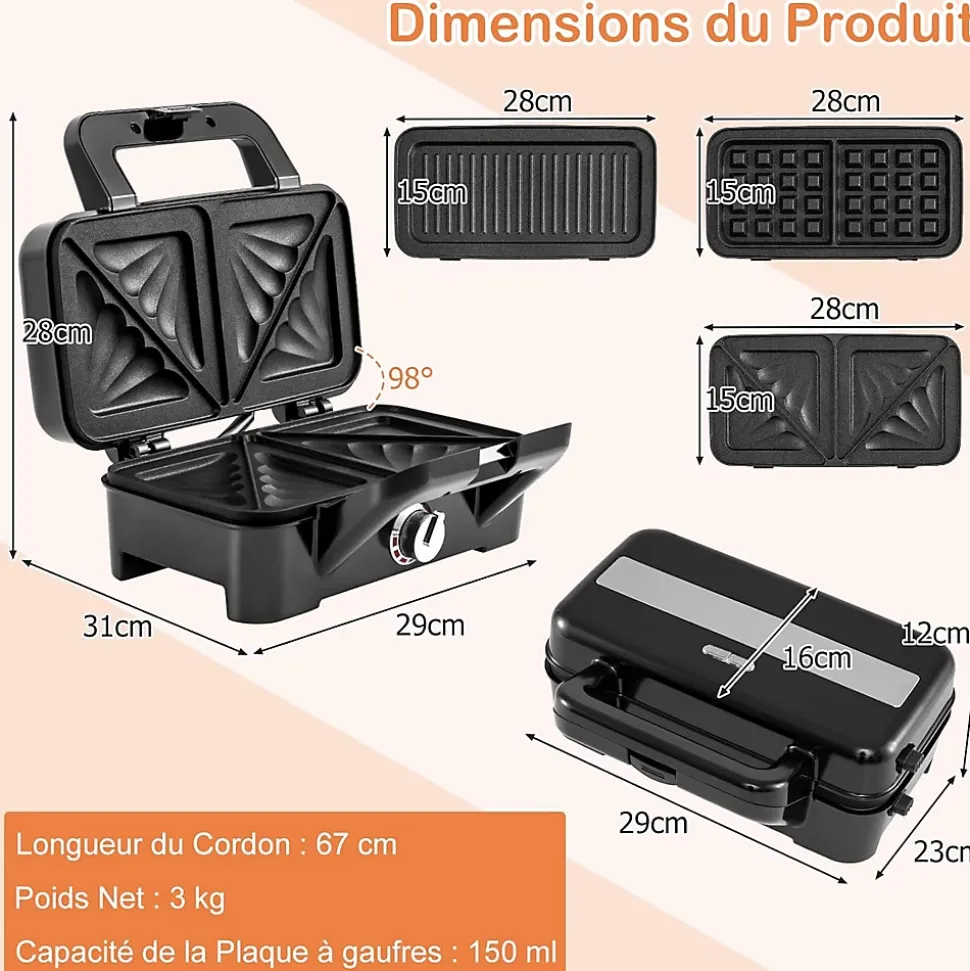 Appareil Croque Monsieur 3 en 1 pour Gaufres, Croques et Sandwichs, Température Réglable 5 Niveaux Protection Surchauffe