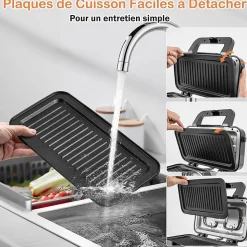 Appareil Croque Monsieur 3 en 1 pour Gaufres, Croques et Sandwichs, Température Réglable 5 Niveaux Protection Surchauffe