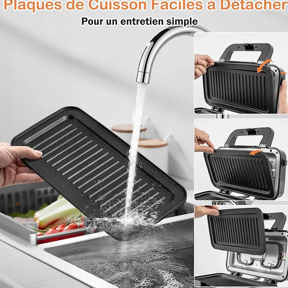 Appareil Croque Monsieur 3 en 1 pour Gaufres, Croques et Sandwichs, Température Réglable 5 Niveaux Protection Surchauffe