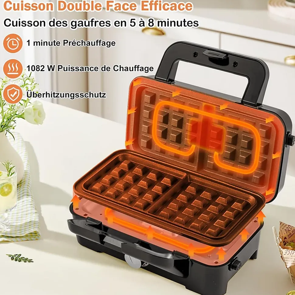 Appareil Croque Monsieur 3 en 1 pour Gaufres, Croques et Sandwichs, Température Réglable 5 Niveaux Protection Surchauffe