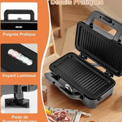 Appareil Croque Monsieur 3 en 1 pour Gaufres, Croques et Sandwichs, Température Réglable 5 Niveaux Protection Surchauffe