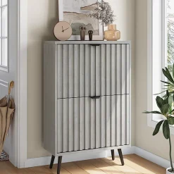 Armoire à chaussures dissimulée avec design rainuré,60cm,gris,2 tiroirs à abattants,