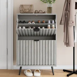 Armoire à chaussures dissimulée avec design rainuré,60cm,gris,2 tiroirs à abattants,