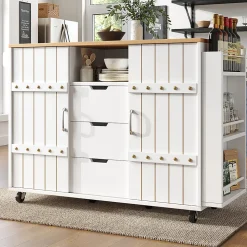 Armoire cuisine, chariot service grain bois, étagère épices, portes coulissantes, blanc