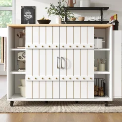 Armoire cuisine, chariot service grain bois, étagère épices, portes coulissantes, blanc