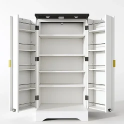 Armoire de cuisine avec éclairage LED et étagère à épices,120x60.5x40cm,blanc, double porte, étagères réglables