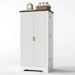 Armoire de cuisine avec éclairage LED et étagère à épices,120x60.5x40cm,blanc, double porte, étagères réglables