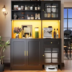 Armoire de cuisine haute avec portes vitrées et éclairage LED,130x45x180cm,noir,buffet