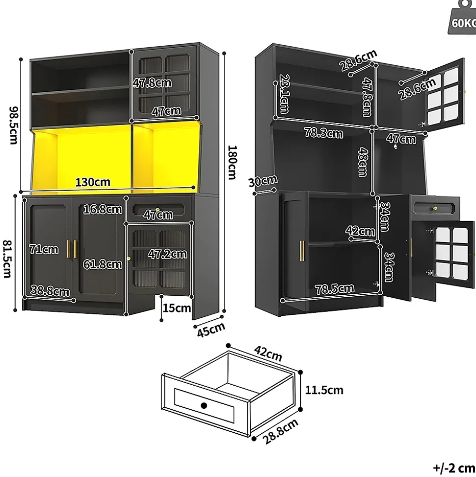 Armoire de cuisine haute avec portes vitrées et éclairage LED,130x45x180cm,noir,buffet