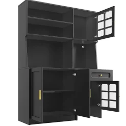 Armoire de cuisine haute avec portes vitrées et éclairage LED,130x45x180cm,noir,buffet