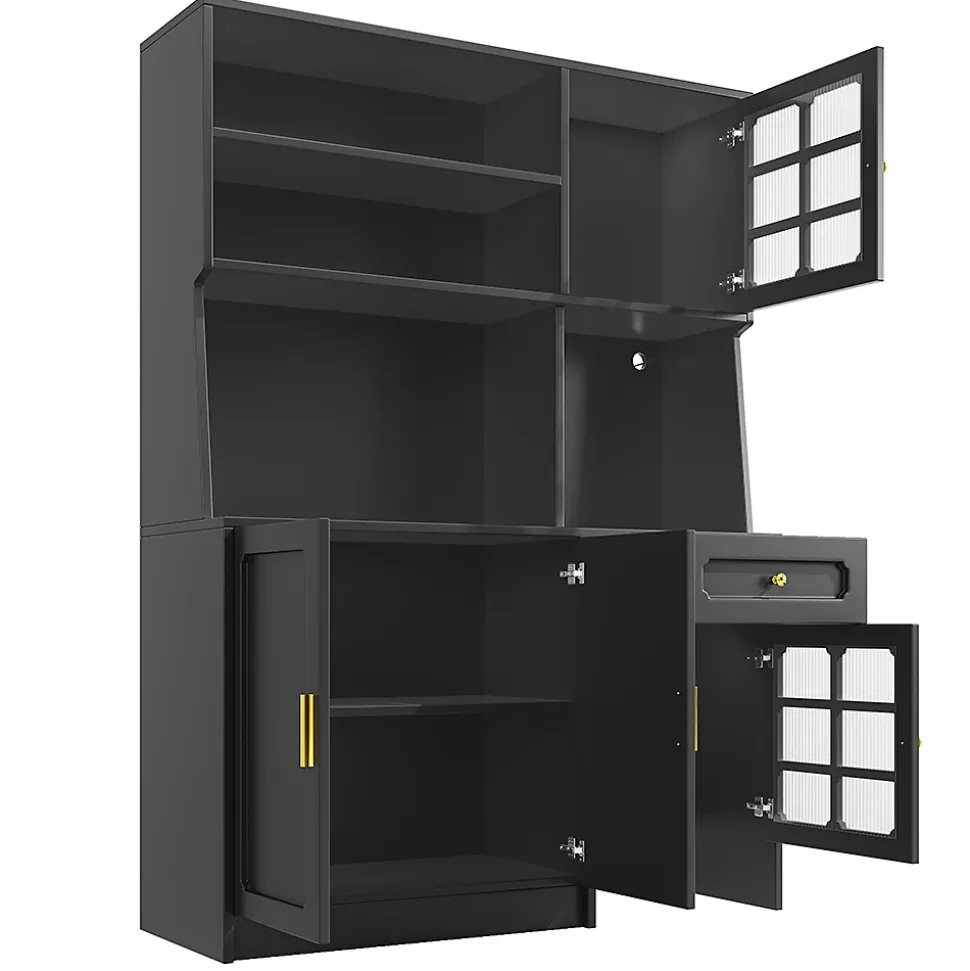 Armoire de cuisine haute avec portes vitrées et éclairage LED,130x45x180cm,noir,buffet