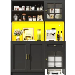 Armoire de cuisine haute avec portes vitrées et éclairage LED,130x45x180cm,noir,buffet