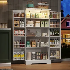 Armoire de cuisine multifonctionnelle,60x35x128cm,blanc,éclairage LED à capteur,étagères réglables,double porte,anti-basculement