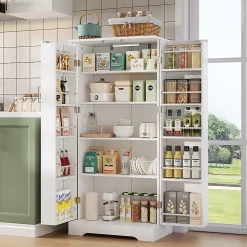 Armoire de cuisine multifonctionnelle,60x35x128cm,blanc,éclairage LED à capteur,étagères réglables,double porte,anti-basculement