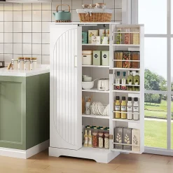 Armoire de cuisine multifonctionnelle,60x35x128cm,blanc,éclairage LED à capteur,étagères réglables,double porte,anti-basculement