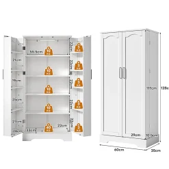Armoire de cuisine multifonctionnelle,60x35x128cm,blanc,éclairage LED,étagères réglables,double porte