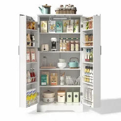 Armoire de cuisine multifonctionnelle,60x35x128cm,blanc,éclairage LED,étagères réglables,double porte