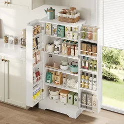 Armoire de cuisine multifonctionnelle,60x35x128cm,blanc,éclairage LED,étagères réglables,double porte