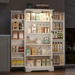 Armoire de cuisine multifonctionnelle,60x35x128cm,blanc,éclairage LED,étagères réglables,double porte