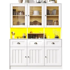 Armoire de cuisine,140x40x175cm,blanc/noir,haute buffet vitrine étagères réglables éclairage LED couleurs variables