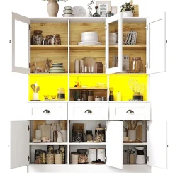 Armoire de cuisine,140x40x175cm,blanc/noir,haute buffet vitrine étagères réglables éclairage LED couleurs variables