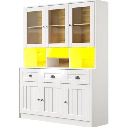 Armoire de cuisine,140x40x175cm,blanc/noir,haute buffet vitrine étagères réglables éclairage LED couleurs variables