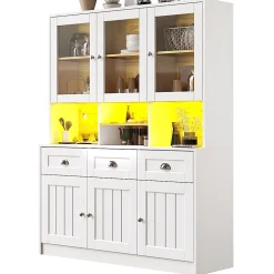 Armoire de cuisine,140x40x175cm,blanc/noir,haute buffet vitrine étagères réglables éclairage LED couleurs variables