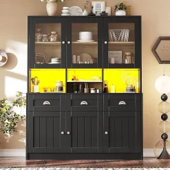 Armoire de cuisine,140x40x175cm,blanc/noir, haute, buffet, vitrine, étagères réglables, éclairage LED variable