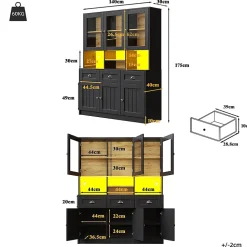 Armoire de cuisine,140x40x175cm,blanc/noir, haute, buffet, vitrine, étagères réglables, éclairage LED variable
