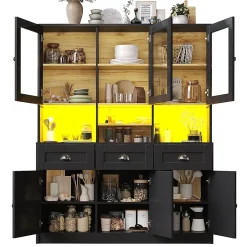 Armoire de cuisine,140x40x175cm,blanc/noir, haute, buffet, vitrine, étagères réglables, éclairage LED variable
