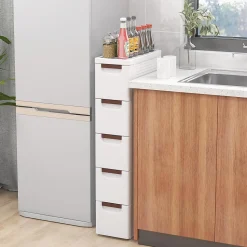 Armoire de Rangement à roulettes Etroite, Chariot en Plastique Mince à 3/4/5/6 Tiroirs, Roues Intégrées (5 Tiroirs,Blanc)