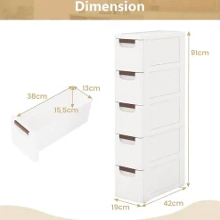 Armoire de Rangement à roulettes Etroite, Chariot en Plastique Mince à 3/4/5/6 Tiroirs, Roues Intégrées (5 Tiroirs,Blanc)